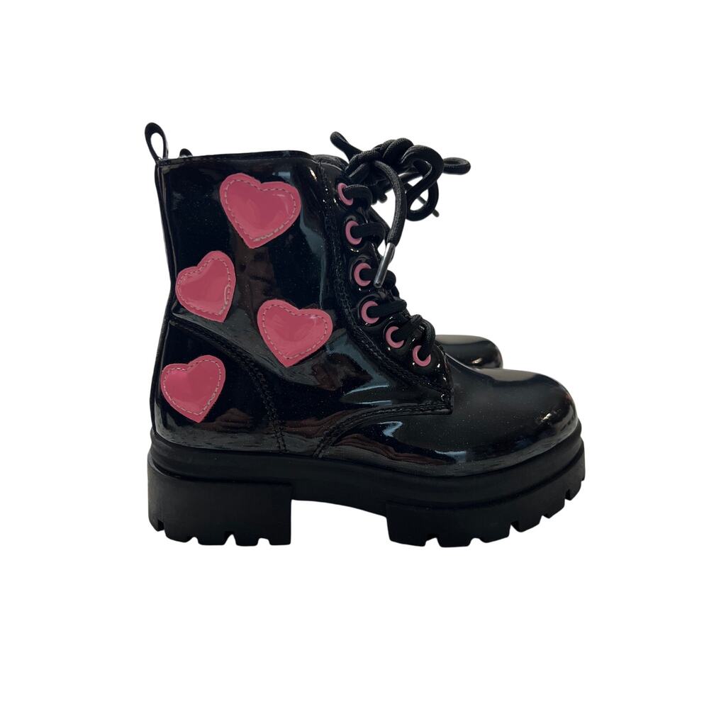 starmerx Girls Ankle Boots Lace Up Combat Boot Side Zipper Size 10 Black Hearts